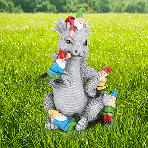 Dragon Gnome Statues Outdoor Decor, 13” Dragon Play With Gnomes Garden Statue, Outdoor Statue For All Season Lawn Decor, Garden Decoration, Gardening Gift #TOP6