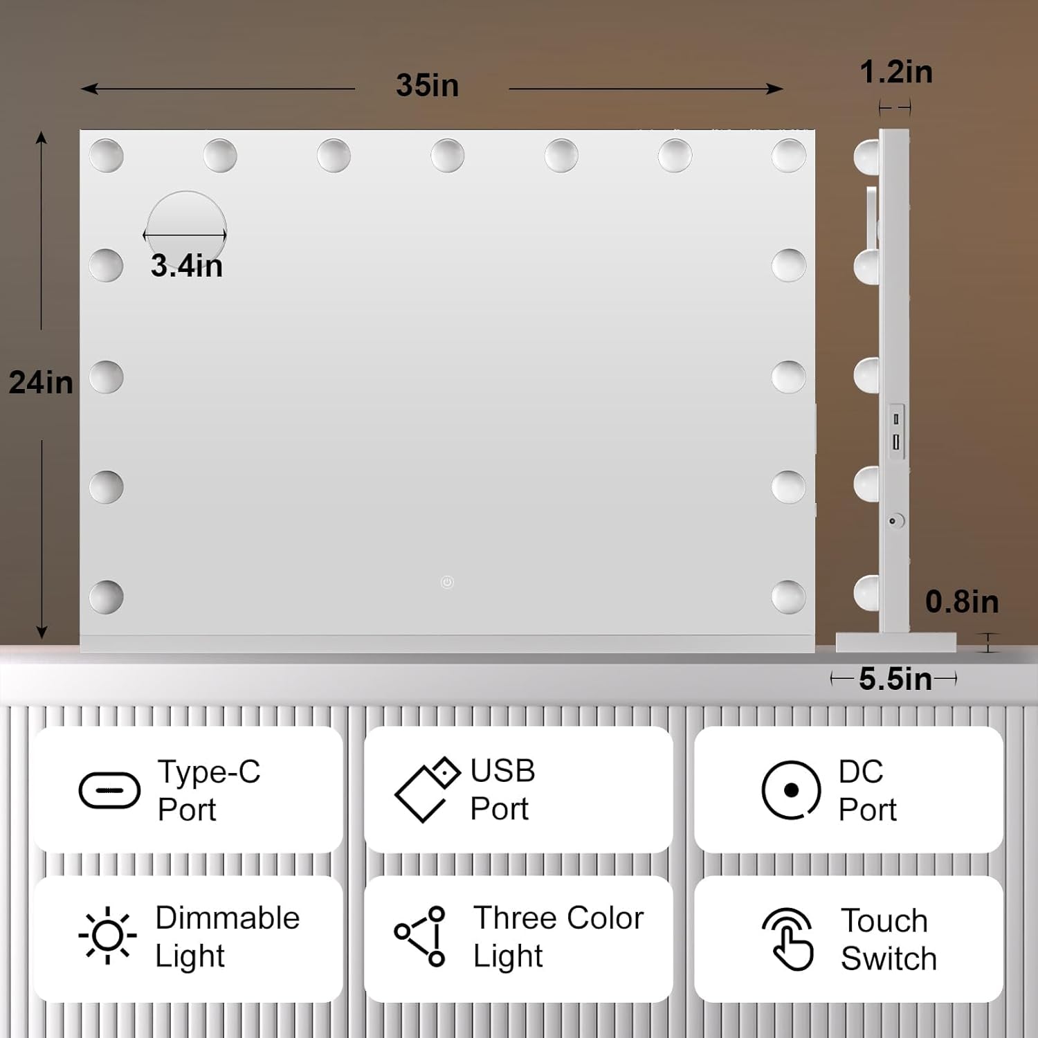 Hasipu Hollywood Vanity Mirror with Lights, 35" x 24" Makeup Mirror with 16 Dimmable LED Bulbs 3 Color Modes & Detachable, 5X Magnifying Glass, Touch Control, USB and Type-C, Tempered Glass