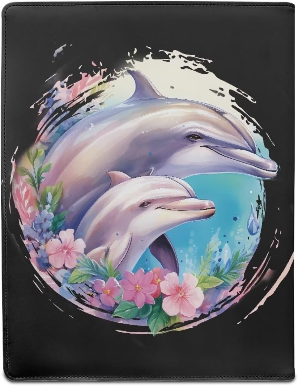 COEQINE Cute Dolphin Floral Black Print Office Folder Notepad Holder Cover with Clipboard Storage Business Card Pocket for Women
