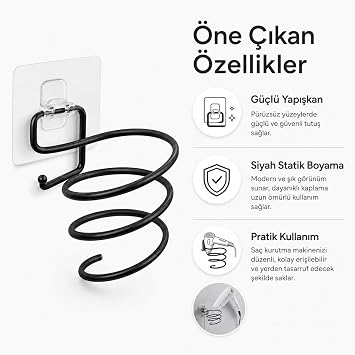 Alper Banyo Yapışkanlı Siyah Fön Makinesi Askısı, Delmeden Montajlı Saç Kurutma Makinesi Tutucu, Şeffaf Tabanlı Banyo Düzenleyici