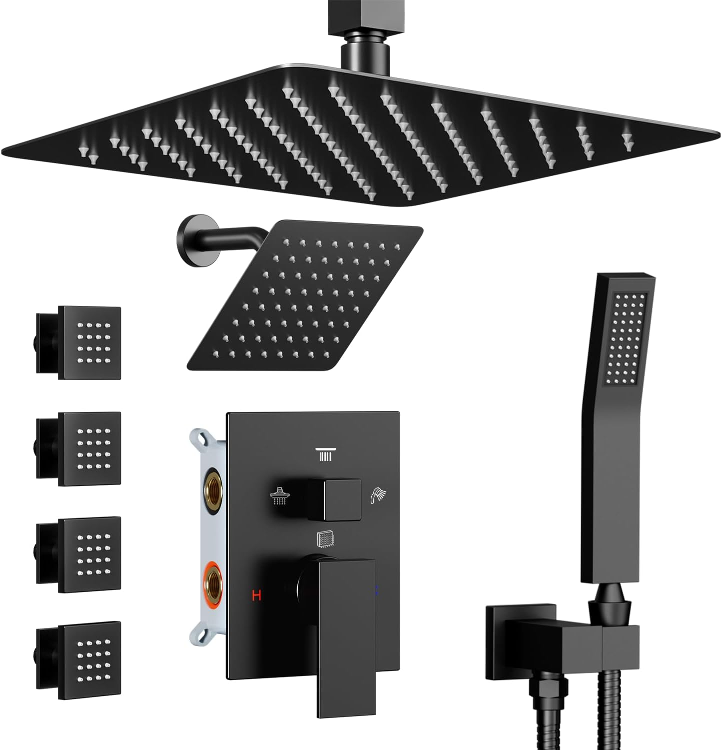 Shower Systems with Body Jets, STARBATH 4 Way 12+6" Rainfall Shower Head with Handheld Spray Combo, Ceiling Mounted Shower Jets System in Wall Shower Faucet Sets Complete, Matte Black