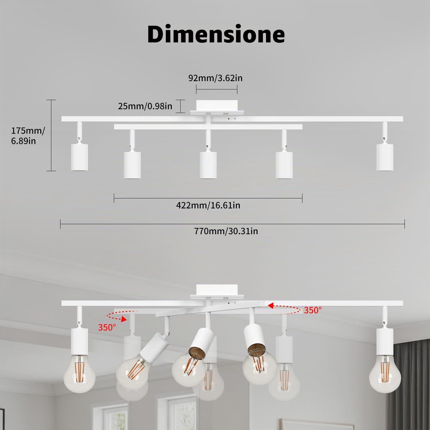 LVWIT Faretti Orientabili Bianco, Faretti Soffitto con 5 Attacco E27, Faretto da Interno Moderna, Lampadario Faretti per Barra, Salotto, Cameretta, Cucina,Corridoio Illuminazione (Senza Lampadina)
