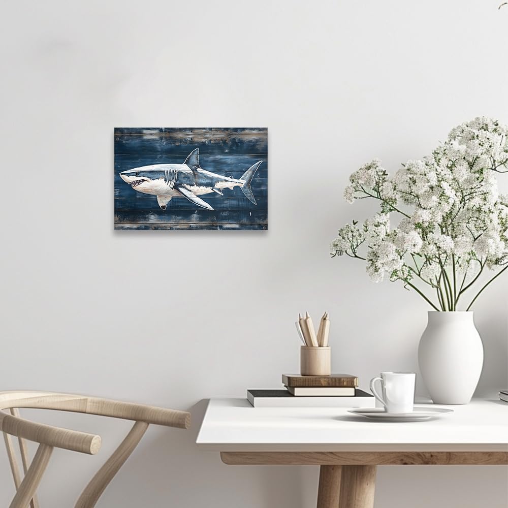 CCWORKERRY Shark Bathroom Wall Art Ocean Animal Pictures Sea Creature Poster Nautical Themed Canvas Painting Art Lake House Wall Decor Framed(Blue,12L x 18W)