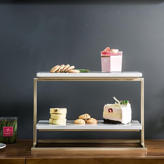 Marble Cupcake Stand - 2-Tier Rectangular Dessert Tray with Metal Frame, Home Organizer Display Stand for Cosmetics, Pastry, and Decorations, Reusable