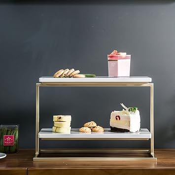 Marble Cupcake Stand - 2-Tier Rectangular Dessert Tray with Metal Frame, Home Organizer Display Stand for Cosmetics, Pastry, and Decorations, Reusable