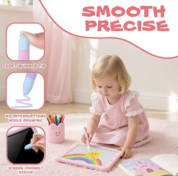 Kid-Friendly Tablet Stylus with Tether, Purple and Pink Kids Pen for iPad, AMZ Fire Kids and Kids Pro, All AMZ Fire Tablets, Samsung/Lenovo/Sufface Tablets, All Touch Screen Devices (Purple + Pink)