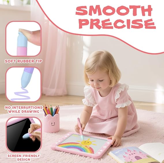 Kid-Friendly Tablet Stylus with Tether, Purple and Pink Kids Pen for iPad, AMZ Fire Kids and Kids Pro, All AMZ Fire Tablets, Samsung/Lenovo/Sufface Tablets, All Touch Screen Devices (Purple + Pink)
