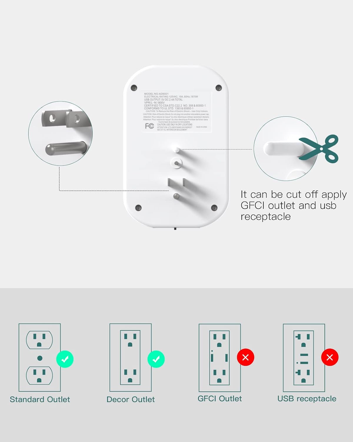 Surge Protector, USB Wall Charger, Addtam 6-Outlet Extender with 2 USB Charging Ports and Night Light, Power Strip Multi Plug Outlets Wall Adapter Expander, ETL Listed