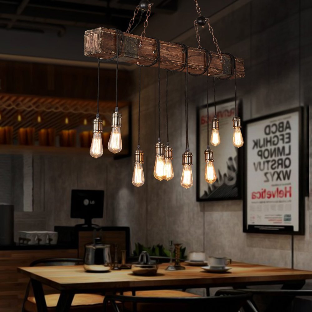 Suspension Lustre Industrielle En Bois Luminaire Noire Vintage Lampe Rétro MéTal Hauteur Abat-jour Pour Restaurant E27 Salon Chambre Cuisine Bar (10-lumières)