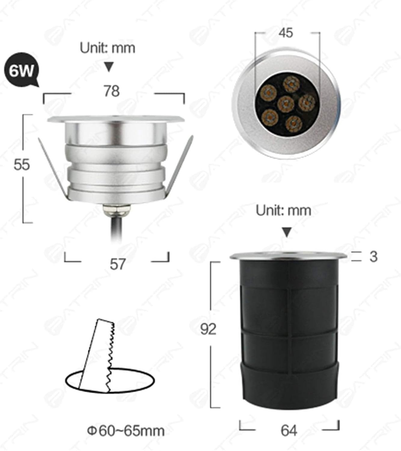 DARZYS Buried Light, Ground Lights Outdoor, Honeycomb Anti-Glare LED Underground Light, IP67 Outdoor Waterproof Built-in Floor Lamp, for Terrace Floor Lawn(Cold White,6W)