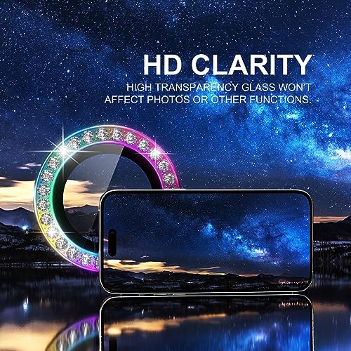 Image of Choiche Compatible for iPhone 15 Pro /iPhone 15 Pro Max Camera Lens Protector Bling, 9H Tempered Glass Camera Cover Screen Protector Metal Ring Decoration Accessories (Diamond-Colorful)