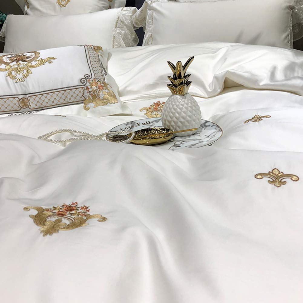 GWW Weiße Spitze Bettwäsche Bettbezug Satz,Baumwolle Satin Stickerei Europäisch Tröster Abdeckung Ultra Soft Silk Luxury 4 Stück Bettwäsche-weiß 200x230cm(79x91inch) Küche, Haushalt & Wohnen