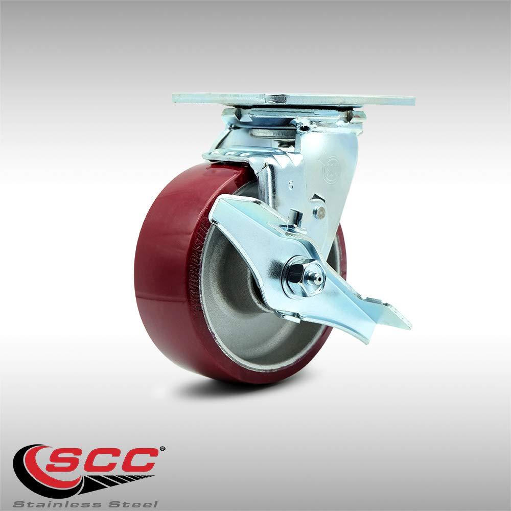 Stainless Steel Heavy Duty Swivel Top Plate Caster with Top Lock Brake and 5 Inch Polyurethane on Aluminum Wheel with Ball Bearings - 900 lbs. Capacity/Caster - Service Caster Brand