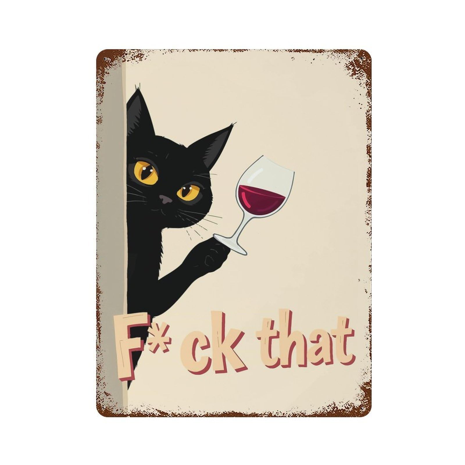 Black Cat Wine Refusal Aged Metal Wall Plaque 15.7"x11.8", Old School Wall Decor for Garage, Pub Or Kitchen