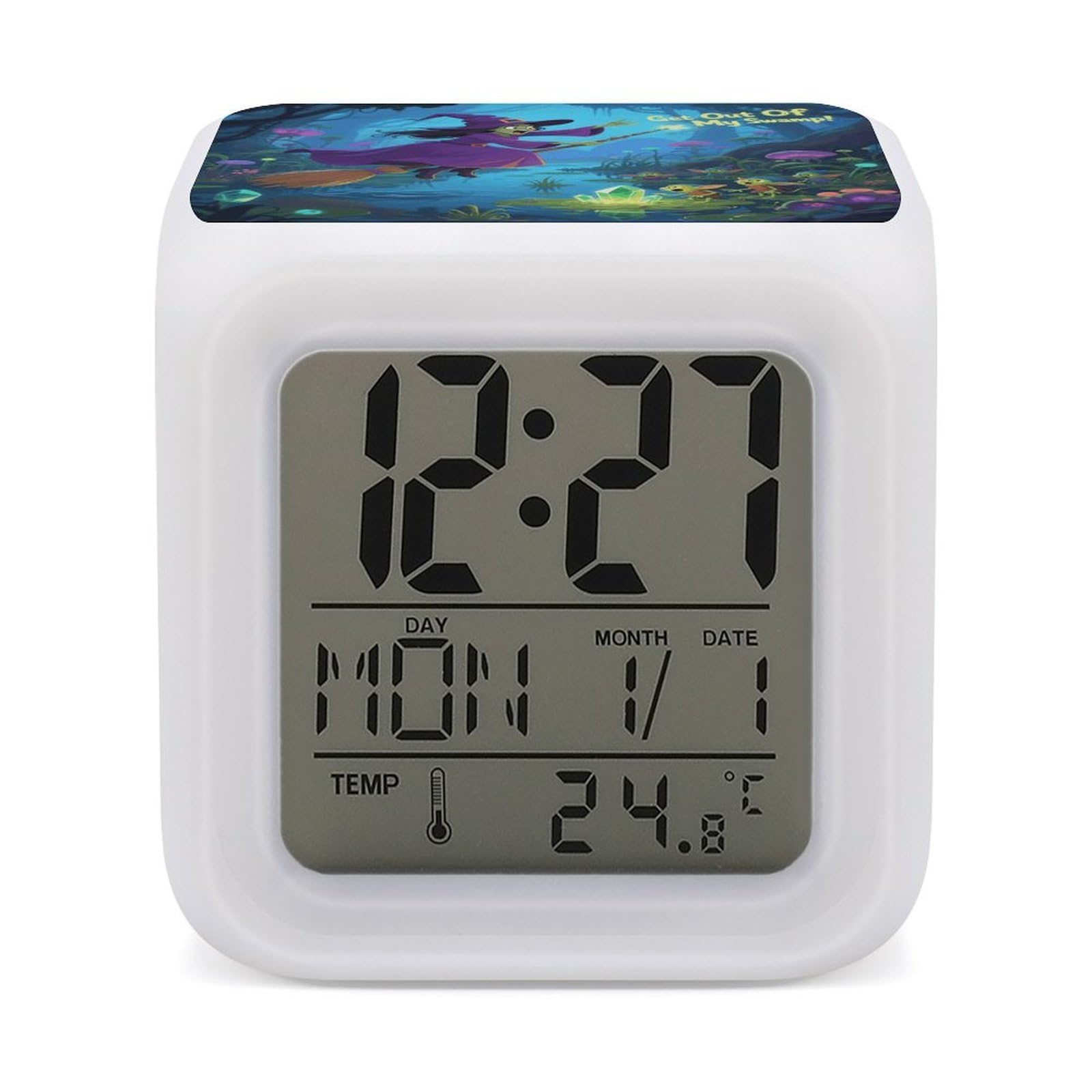 Reloj despertador digital LED Get Out of My Swamp con fecha, temperatura y luces de 7 colores