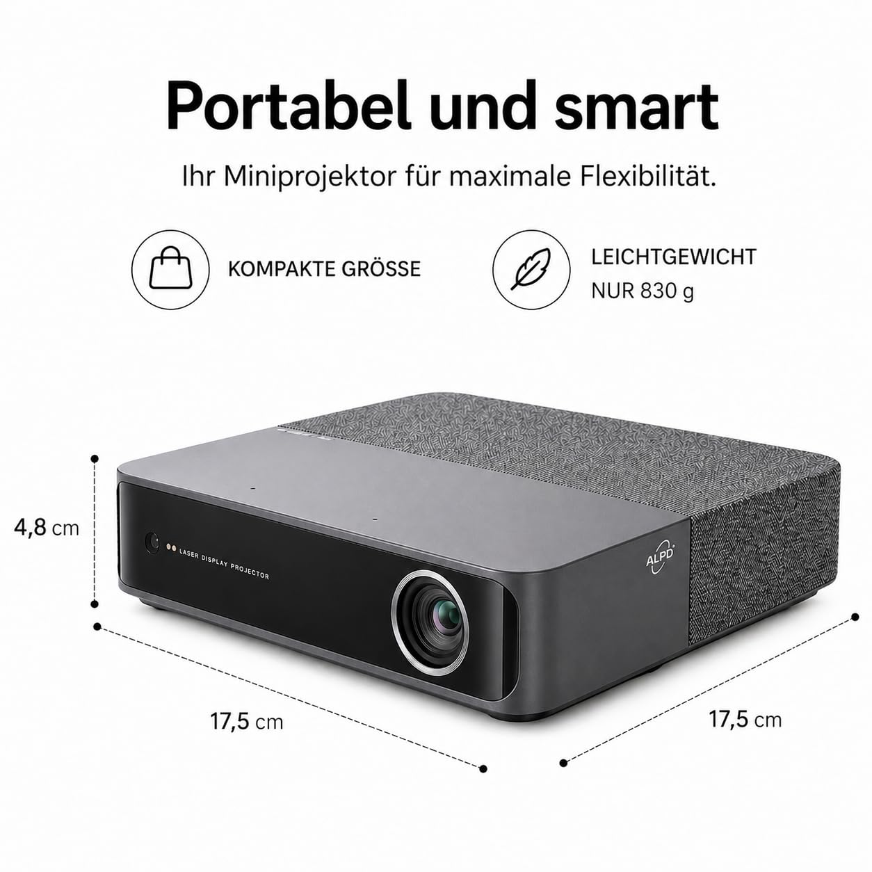 LOEWE We. Beam, Mini Beamer, Projektor, Full HD, ALPD Laser | Entwickelt in Deutschland, Mini Beamer, Full HD, ALPD Laser, 500 ANSI Lumen, Dolby Audio Lautsprecher, 40-120 Zoll, USB-C PD