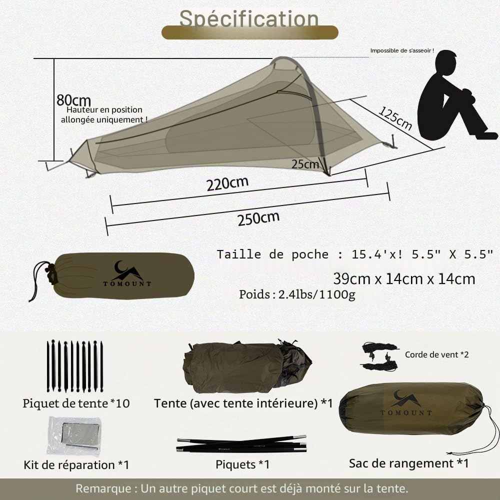 TOMOUNT Bivy Tente en nylon ultra légère pour 1 personne Sac de bivouac étanche Petit encombrement Tente de trekking pour une personne pour trekking, camping, extérieur, escalade avec sac à dos