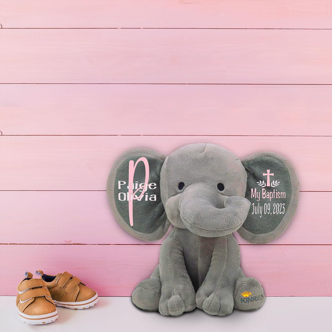 Personalized Elephant Stuffed Animal - Baptism Gifts for Girls, Boys, Babies, Kids, Custom Keepsake Catholic Christian Christening Gift for Goddaughter, Godson from Godparents, Gray 9 Inches