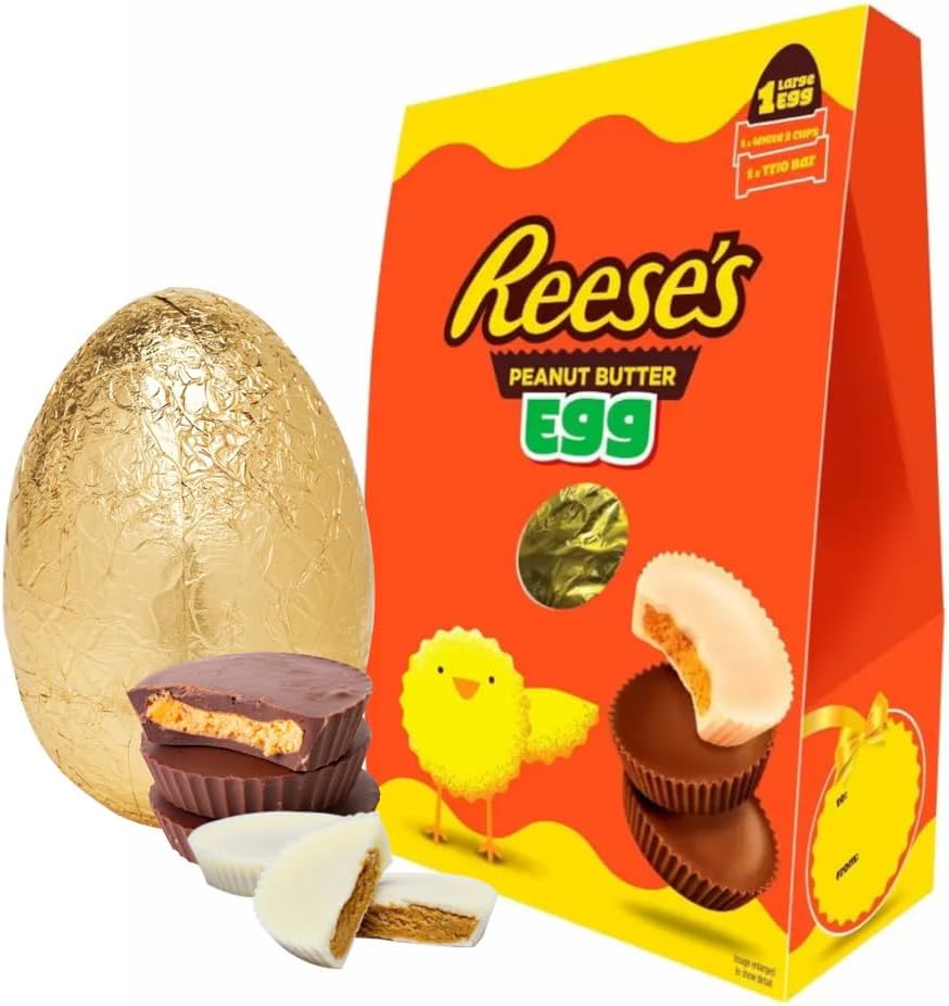 Reese's Milk Chocolate Easter Egg - Delicious Large Peanut Butter Egg with Trio Chocolate Bar & 2 Pack White Peanut Butter Cups Gift Box 252g. Easter Gifts For Kids, Easter Egg Hunt with Topline Card