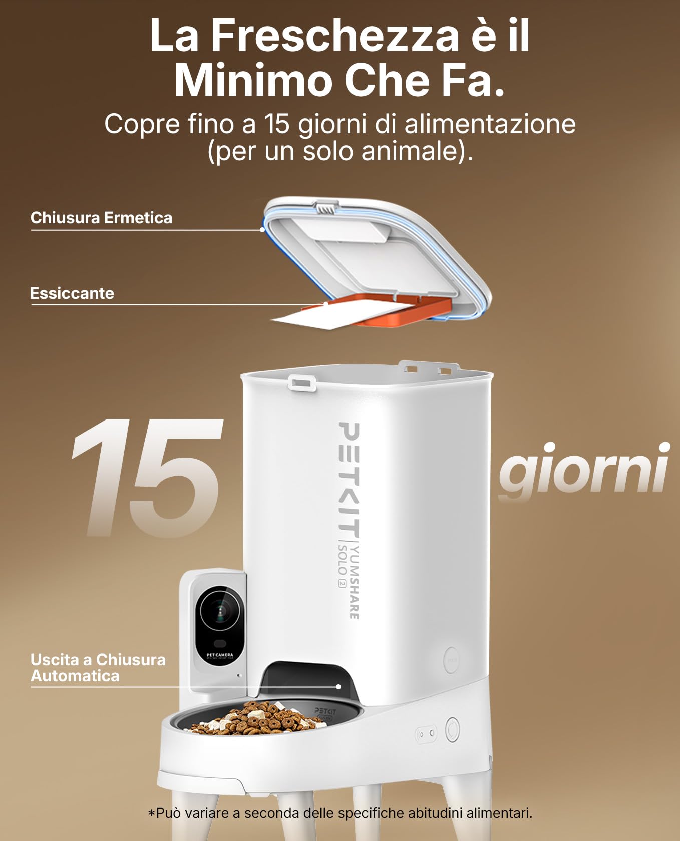 PETKIT YumShare Solo 2 Distributore Automatico di Cibo per Gatti con Telecamera HD 1080p, Riconoscimento Multiplo Gatti, Funzioni AI, Wi-Fi 2.4/5 GHz, Capacità 3L, Ciotola in Acciaio Inossidabile