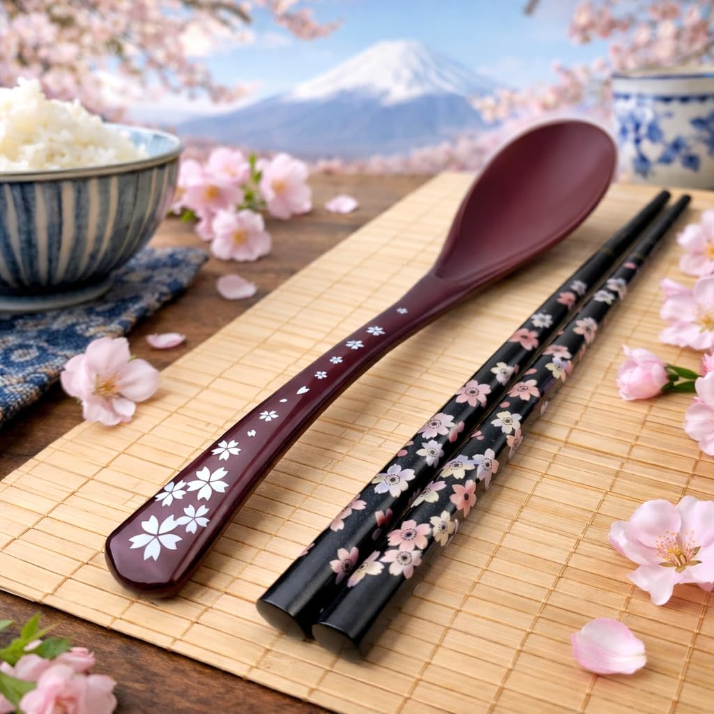 Premium Japanese Chopsticks with Spoon Reusable [ Made in Japan ] Traditional Lacquer Art Wooden Chopsticks (Flower PU(MK003)) — Amazon image 2