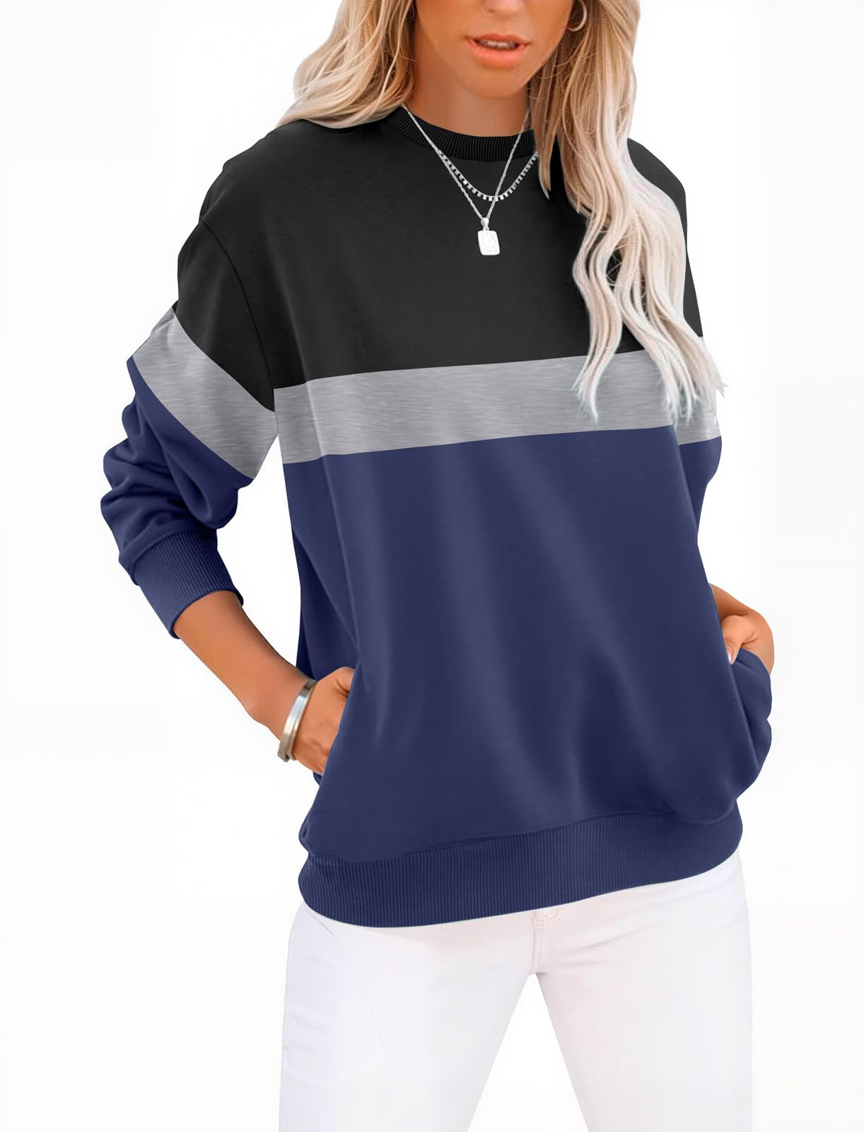 Womens Sweatshirts Cotton Crewneck Tops Long Sleeve Cute Lightweight Fall Winter Loose Casual Pullover with Pockets, Black Navy, Medium-image-37