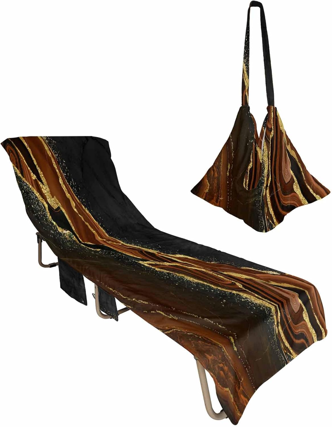 Marble Brown Beach Pool Patio Lounge Chaise Chair Cover Towel With Pockets,Absorbent & Quick Dry Microfiber Towel Cover Bag Summer Sunbathing Accessories Gradient Abstract Modern Minimalist Black Gold