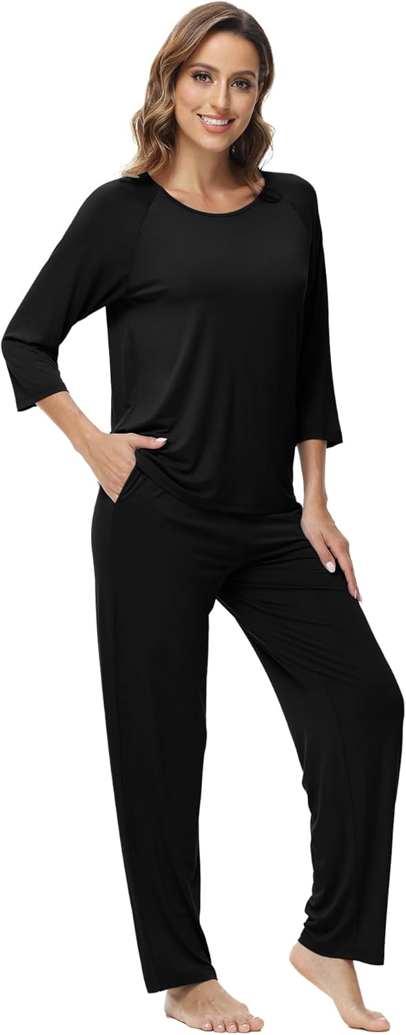 WiWi Womens Pajama Set 3/4 Sleeve Pajamas Crewneck Sleepwear Sets Soft Loungewear Pjs with Pocket S-XXL