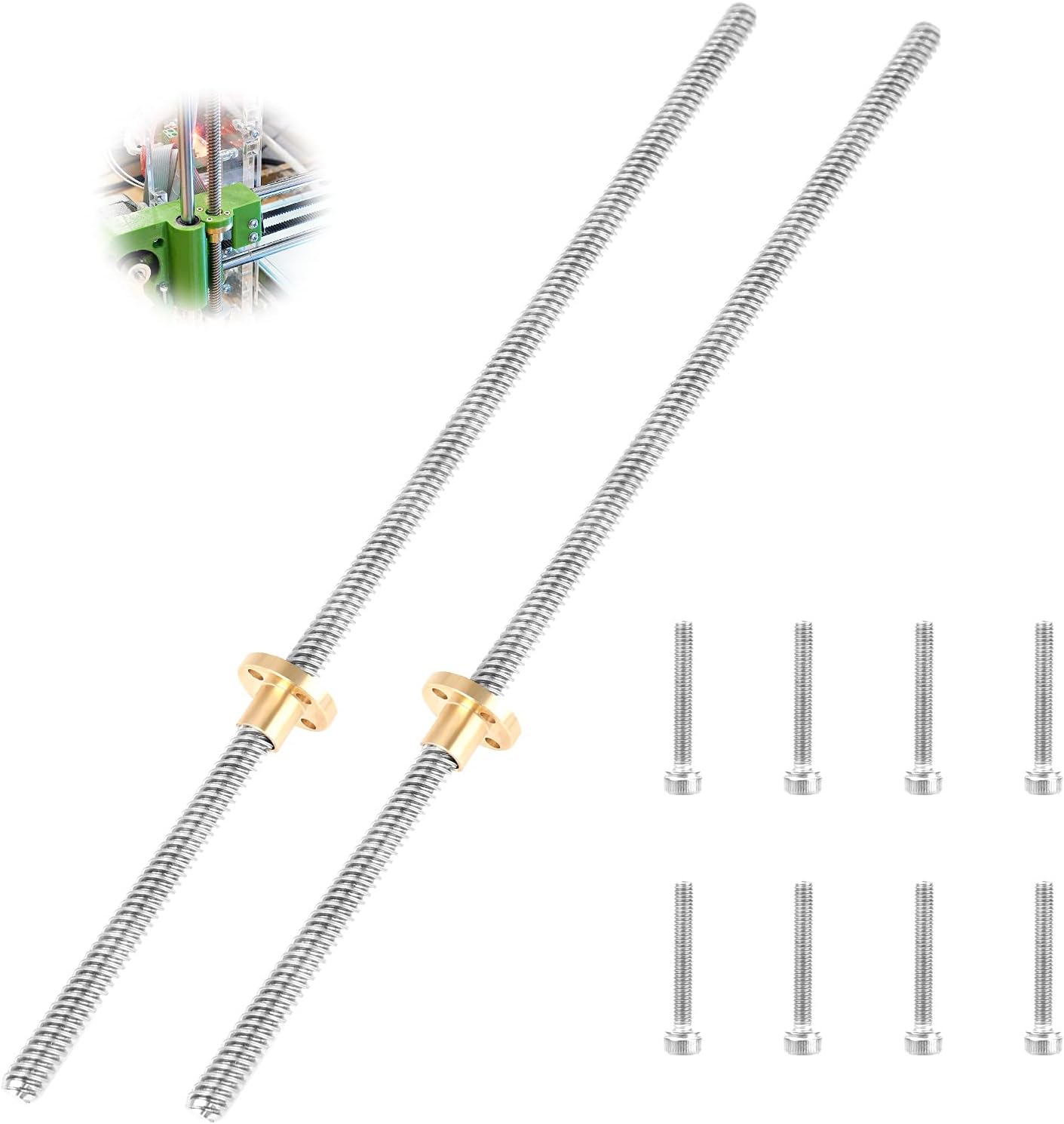 T8 Stainless Steel Threaded Screw Rod with Nut 2Pcs 300mm 8mm T8 Trapezoidal Lead Screw Rod with 8Pcs Screw for 3D Printer Stepper Motor