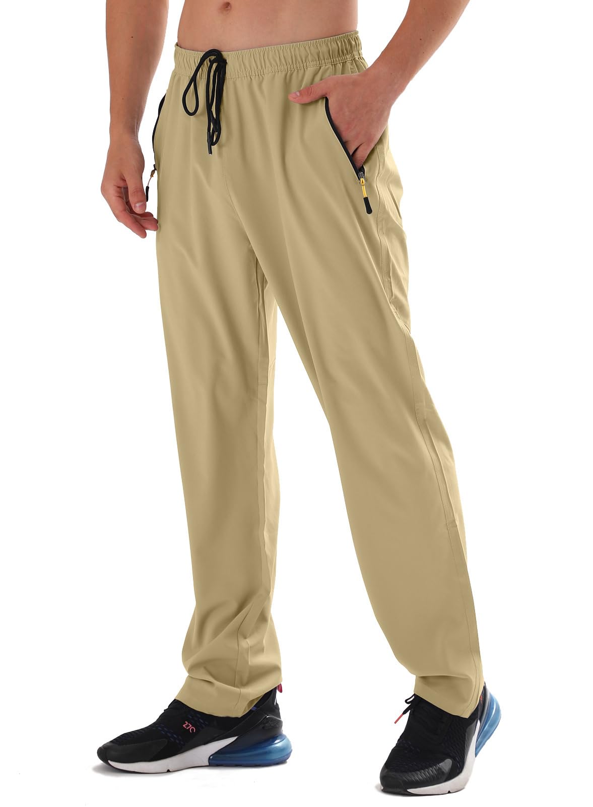 Men's Elastic Waist Hiking Pants Water Resistant Quick-Dry Lightweight Outdoor Sweatpants with Zipper Pockets