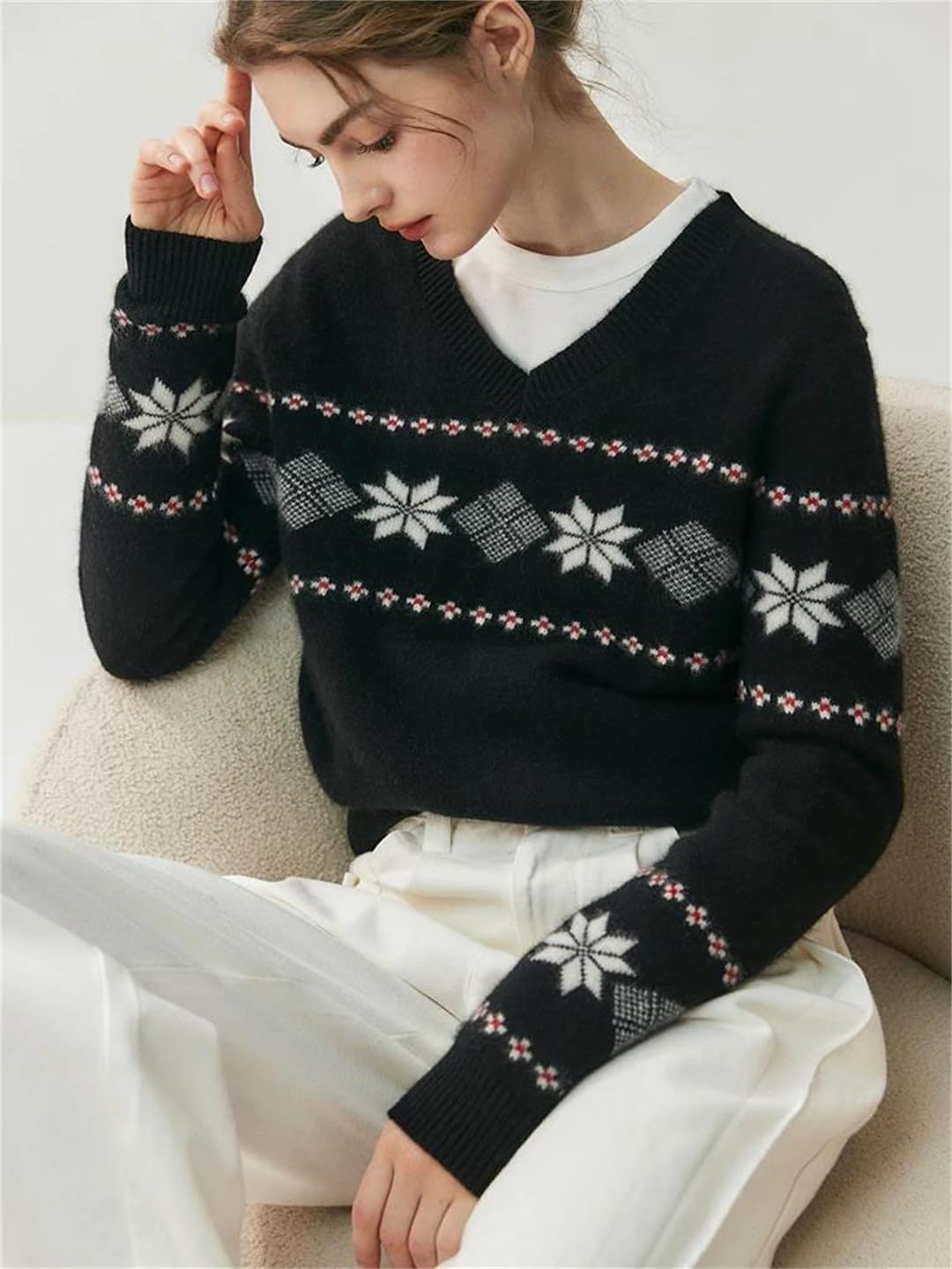 Women's Knitted Top 100% Cashmere V-Neck Pullover with Snowflake Texture Soft Warm Long Sleeve Vintage Style Knitwear