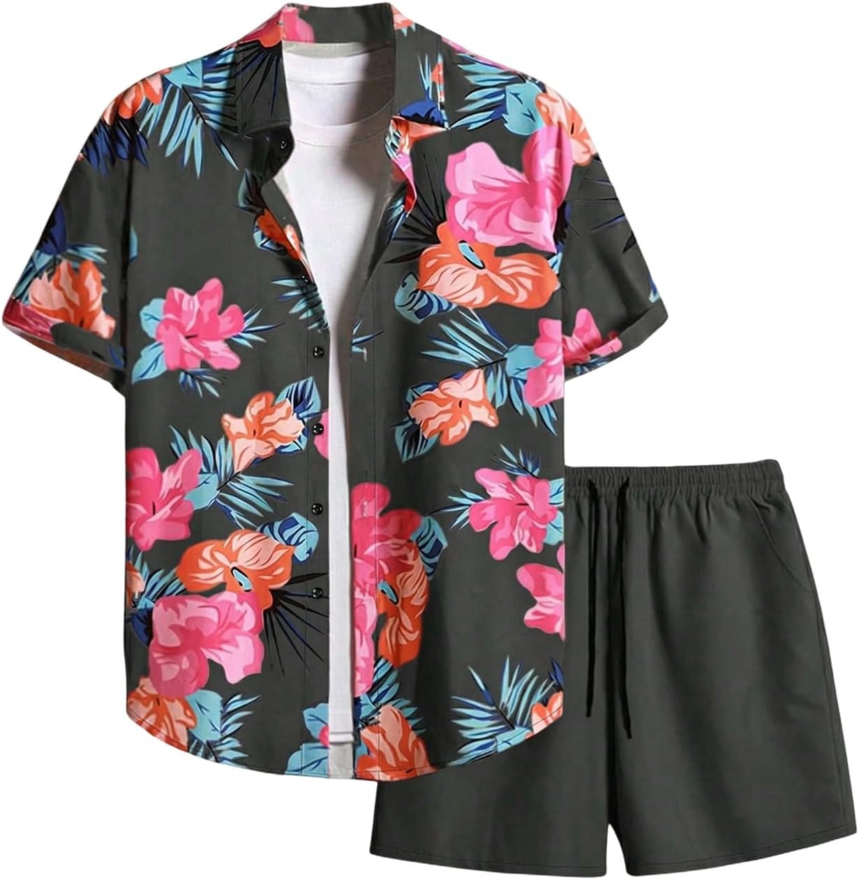 GORGLITTER Men's 2 Piece Vacation Beach Outfits Floral Button Down Shirt and Shorts Cruise Attire Sets