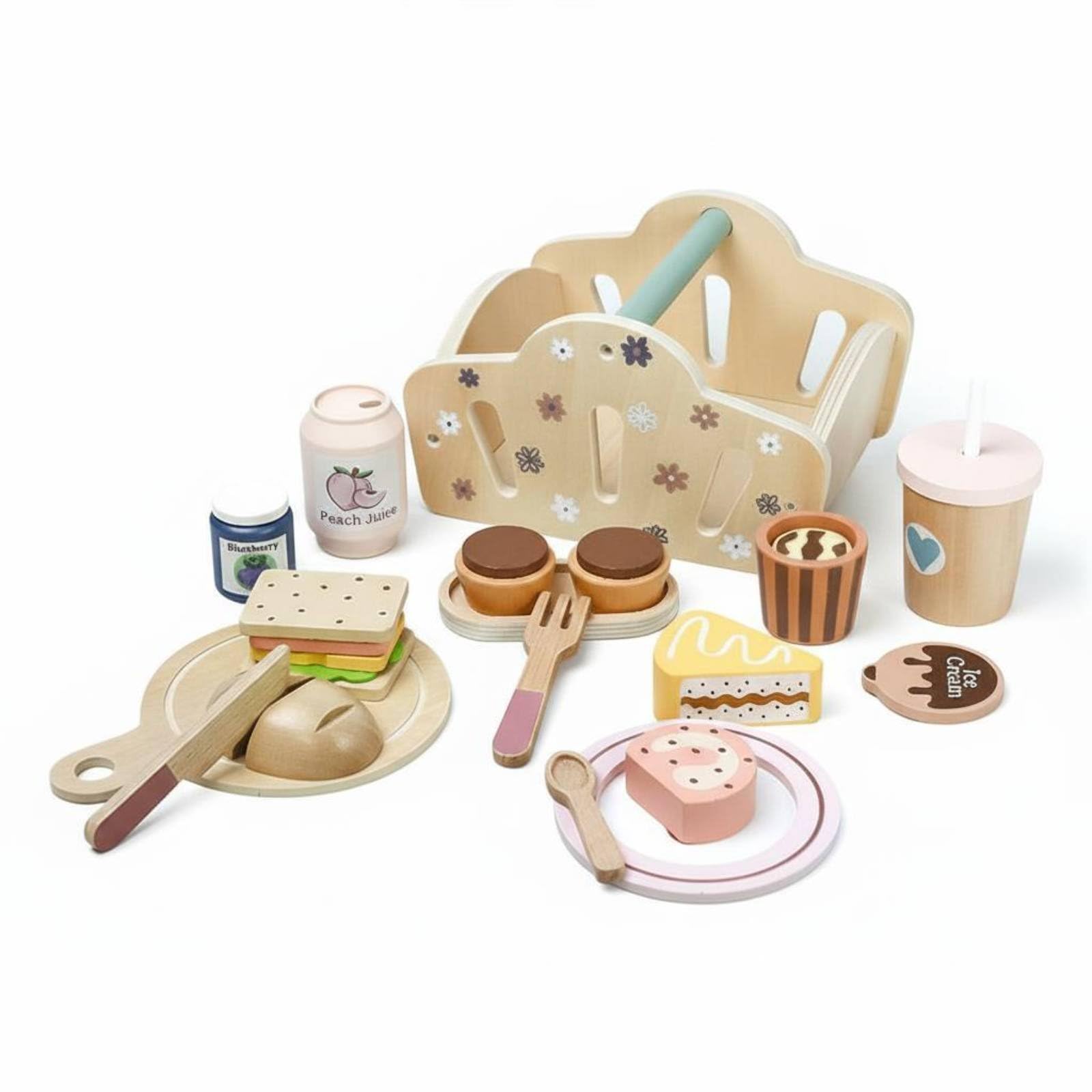 Juego de Picnic Infantil Cocina de Juguete Canasta Madera Pan Set Simulación Rebanable y Sándwich Apilable Aprendizaje Social y Motricidad Fina Adecuado para Juego en Viajes