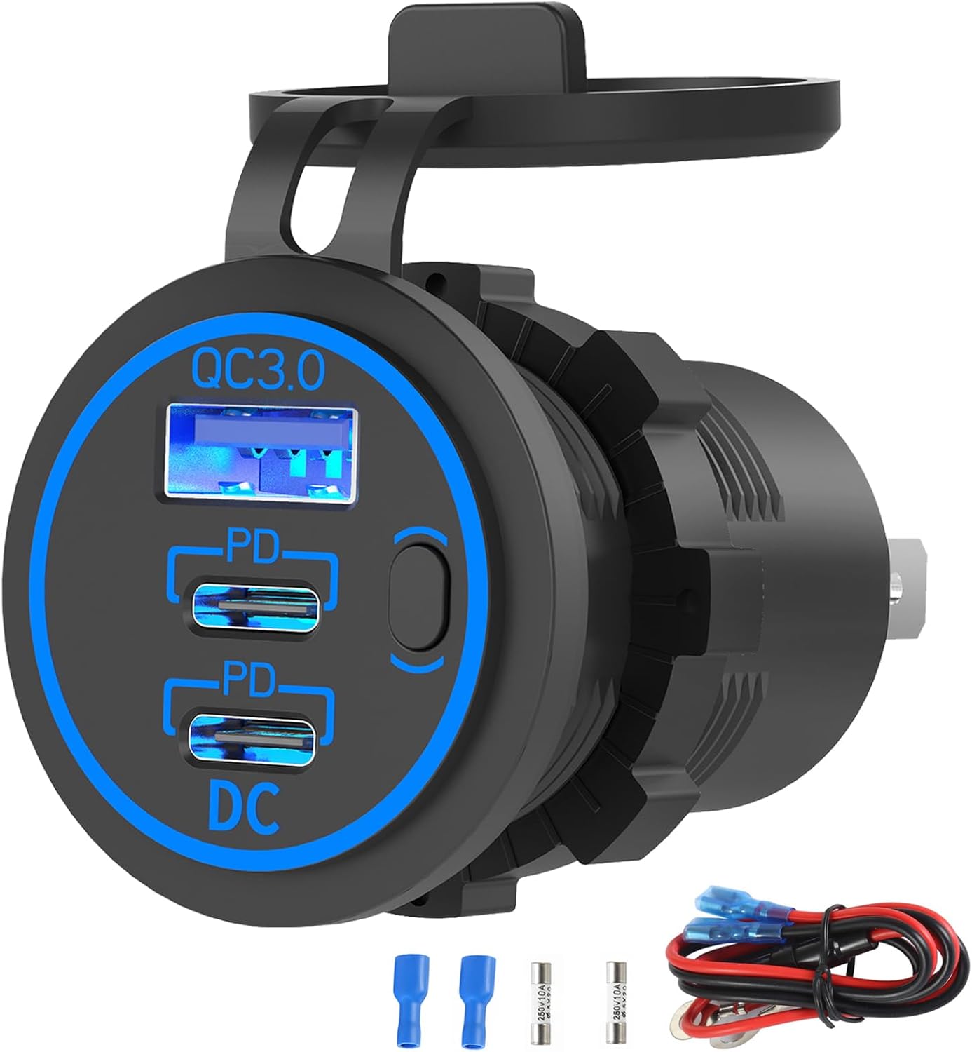 2 Pack USB C Car Charger Socket 12V USB Outlet, 78W Dual 30W PD and 18W QC3.0 Multi Port Cylinder Charger with Button Switch Waterproof for Car Boat RV Marine Golf Cart Truck Bus Motor etc.