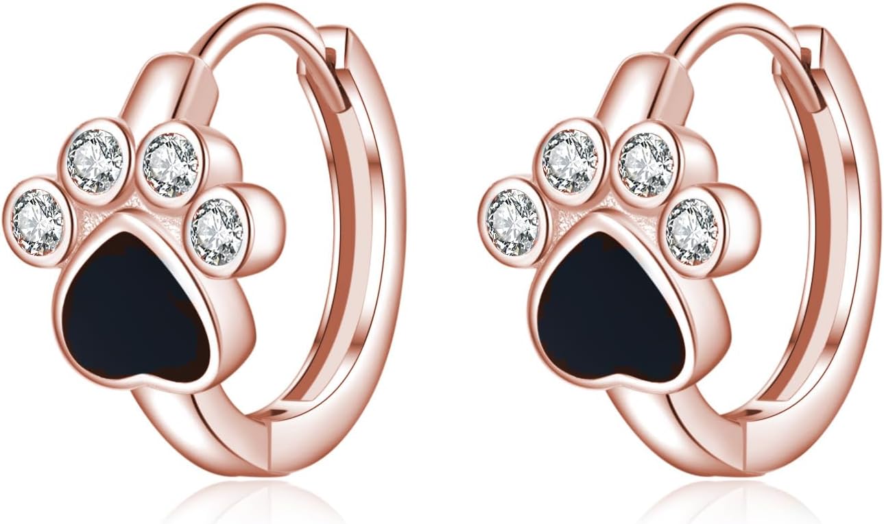 SLUYNZ Sterling Silver CZ Paw Earrings Hoop for Women Teens Cat Dog Paw Print Earrings Small Paw Hoop Earrings Huggie Black Heart Hoop Earrings Love