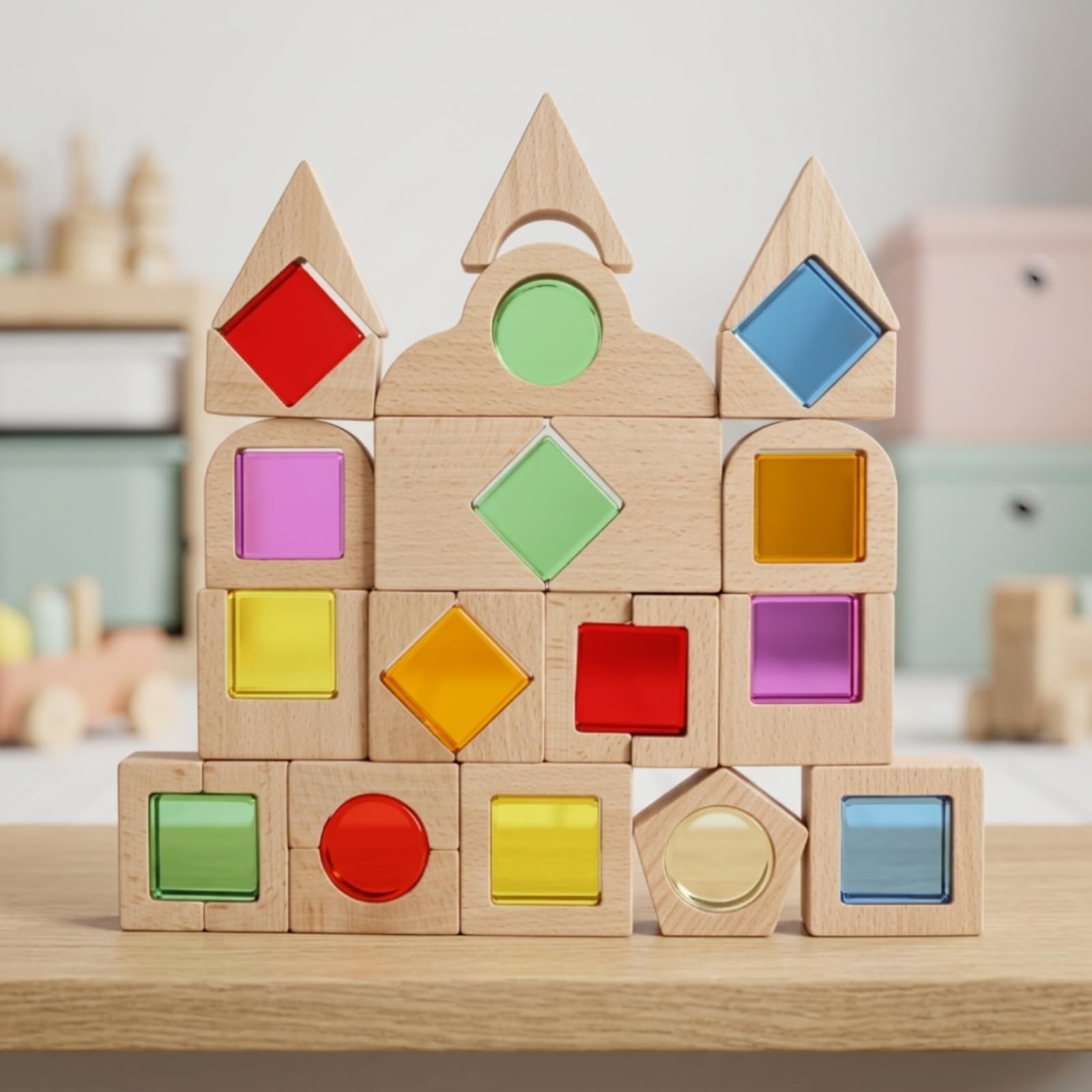 Holzbausteine mit Acrylfenster lichtdurchlässig Holzbausteine mit Acryl Frühförderung Regenbogenbausteine für