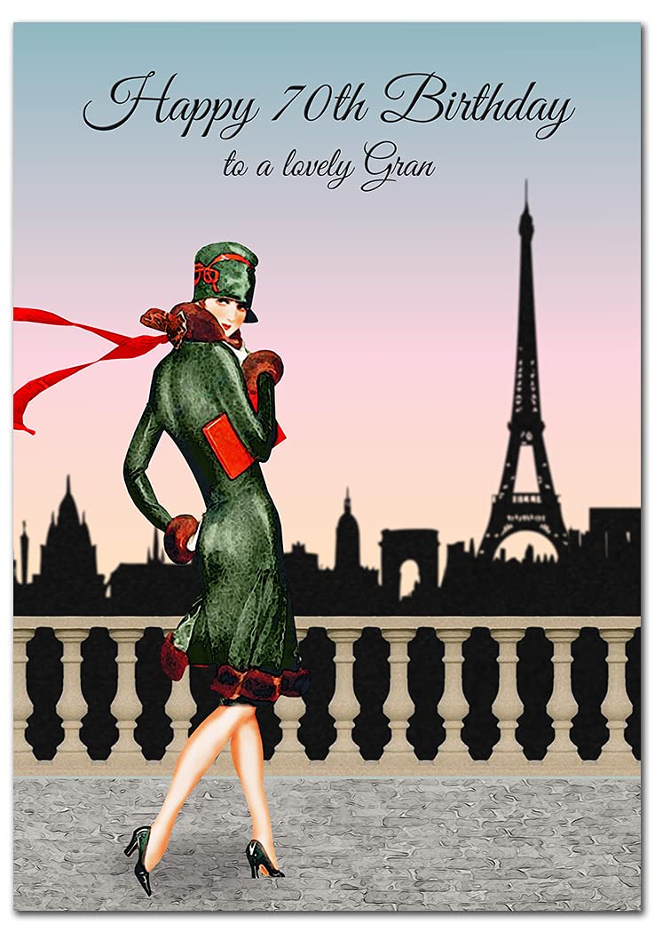 Extra Large Gran 70th Birthday Card - XL Big thick A4 size - Special Age Year Greeting Her Women Female - Beautiful Art Cool Flapper 1920 Style Paris - Nice Huge Happy Wishes UK Eco-Friendly — image 1