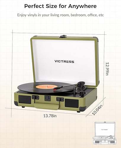 Miniatura 10 de Suitcase - Tocadiscos Bluetooth, reproductor de discos de vinilo portátil con altavoces estéreo integrados, tocadiscos retro de 3 velocidades,