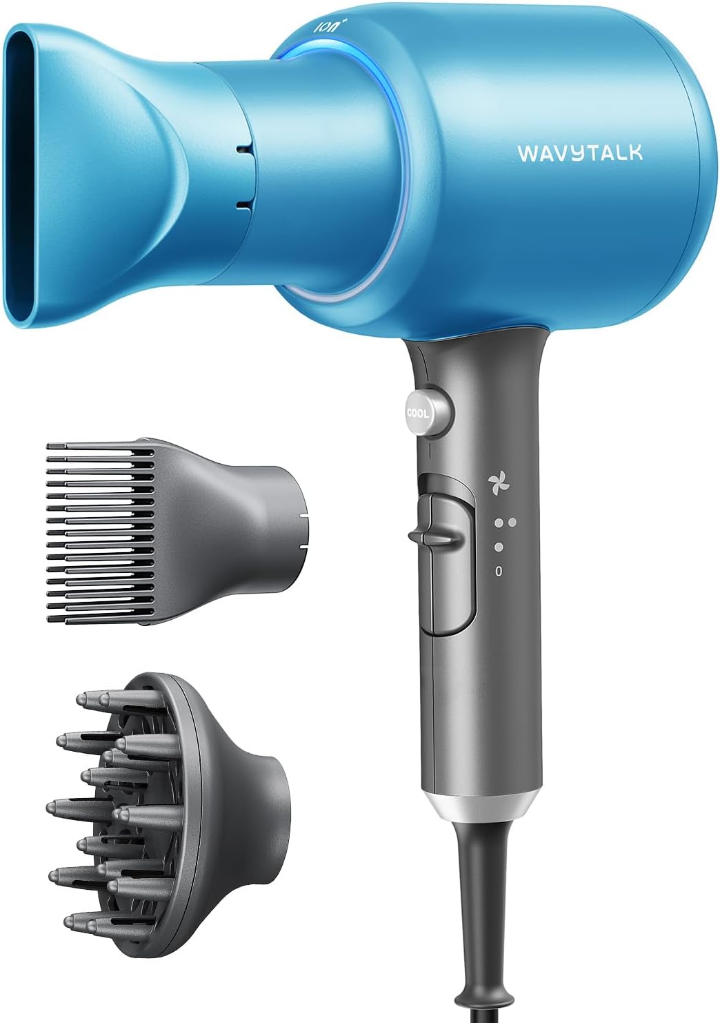 Wavytalk Hair Dryer with Diffuser, Blown Away Ionic Hair Dryer for Curly Hair with Comb, 1875W Fast Drying Blow Dryer with Ceramic Technology, 3 Attachments for All Hair Types, Light and Quiet, Blue