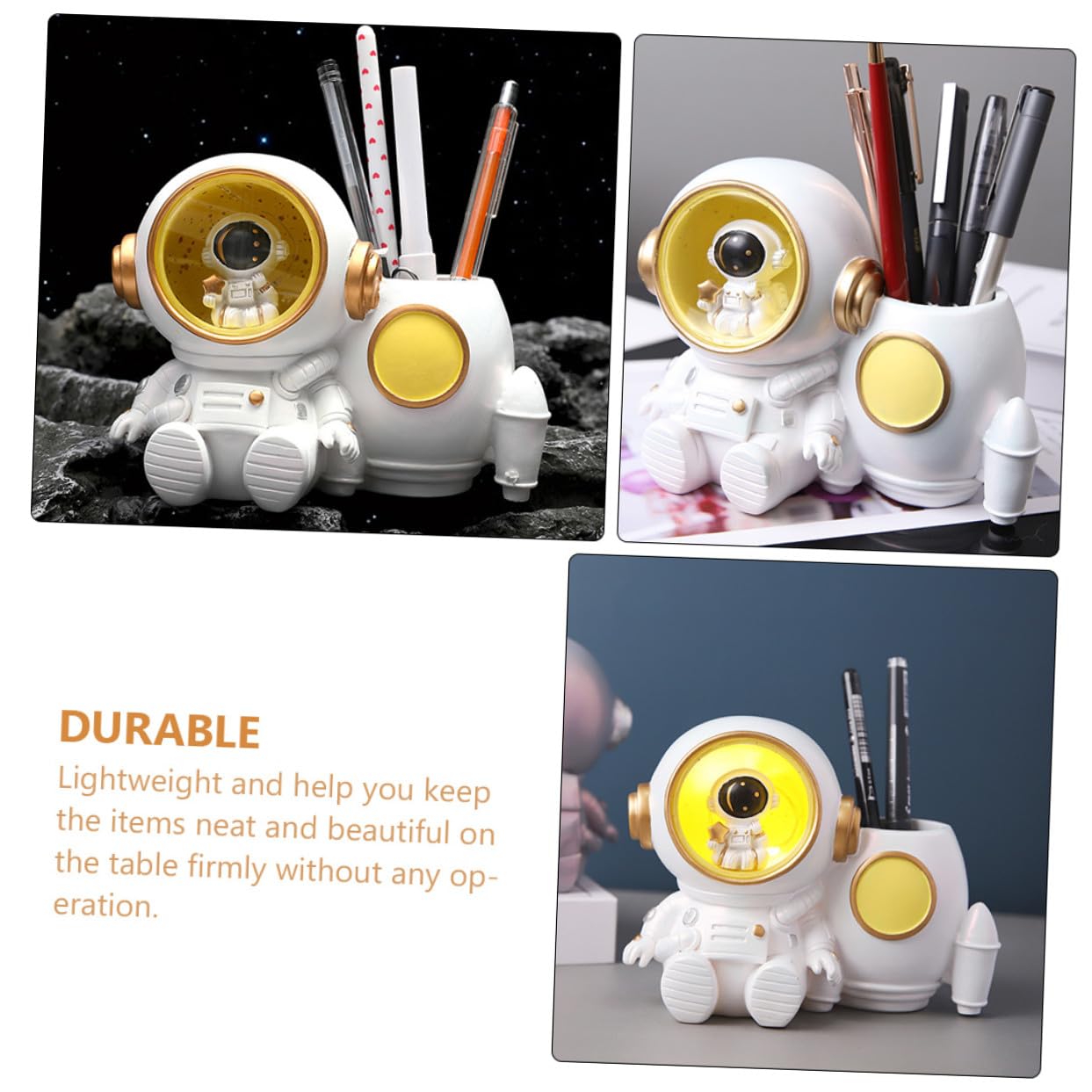 Alipis Portapenne Grande Capacità con Illuminazione Astronauta in Resina Bianco per Riporre Penne e Oggetti da Scrivania, Accessorio per Scrivania Bambini e Ragazzi