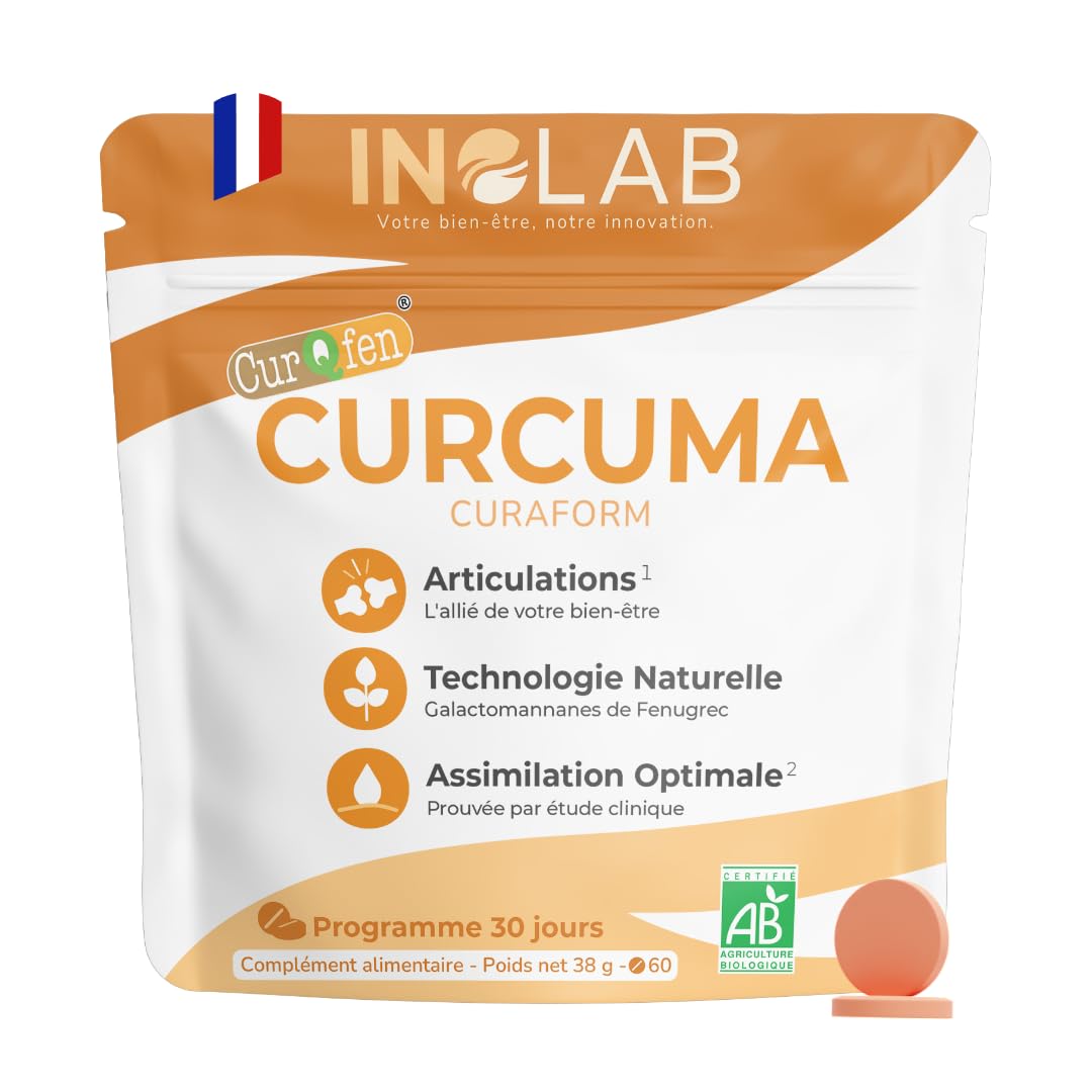 Curcuma BIO breveté CurQfen® | Curcumine microencapsulée biologique = assimilation supérieure à la pipérine poivre noir | Résultats prouvés par études cliniques| Curaform