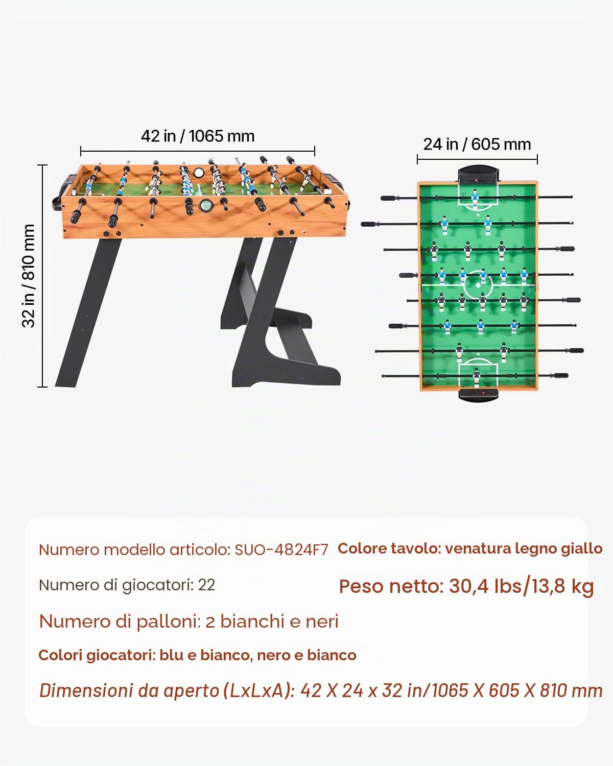 VEVOR Calciobalilla Pieghevole, Tavolo Standard da 1065 mm, Tavoli da Calciobalilla da Interno di Dimensioni Standard, per Famiglia e Sala Giochi, Set da Calcio Resistente, Include 2 Palline