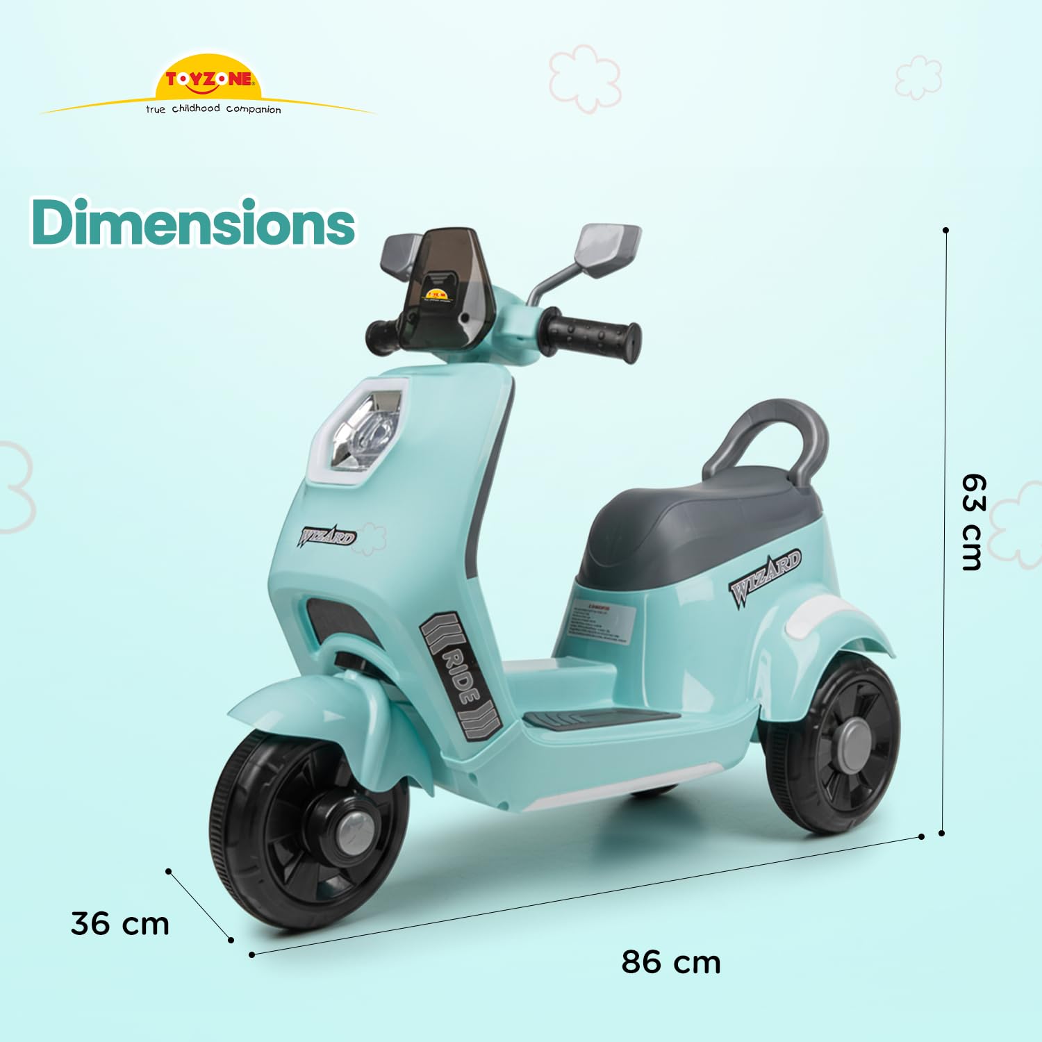 Toyzone Wizard Electric Scooty | Rechargeable Scooty 6V | Powered by 6.5 ah Battery | Music Player with Bluetoooth & USB | 6 Month Warranty on Battery | Make in India | for Kids 2+ Years (Blue) 2