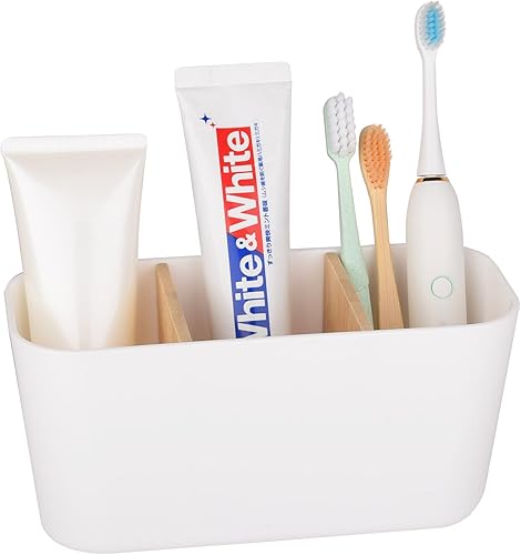Miniatura 21 de Portacepillos de dientes para baños, soporte para cepillos de dientes de bambú con 5 ranuras, organizador de tocador de baño, encimera para cepillos