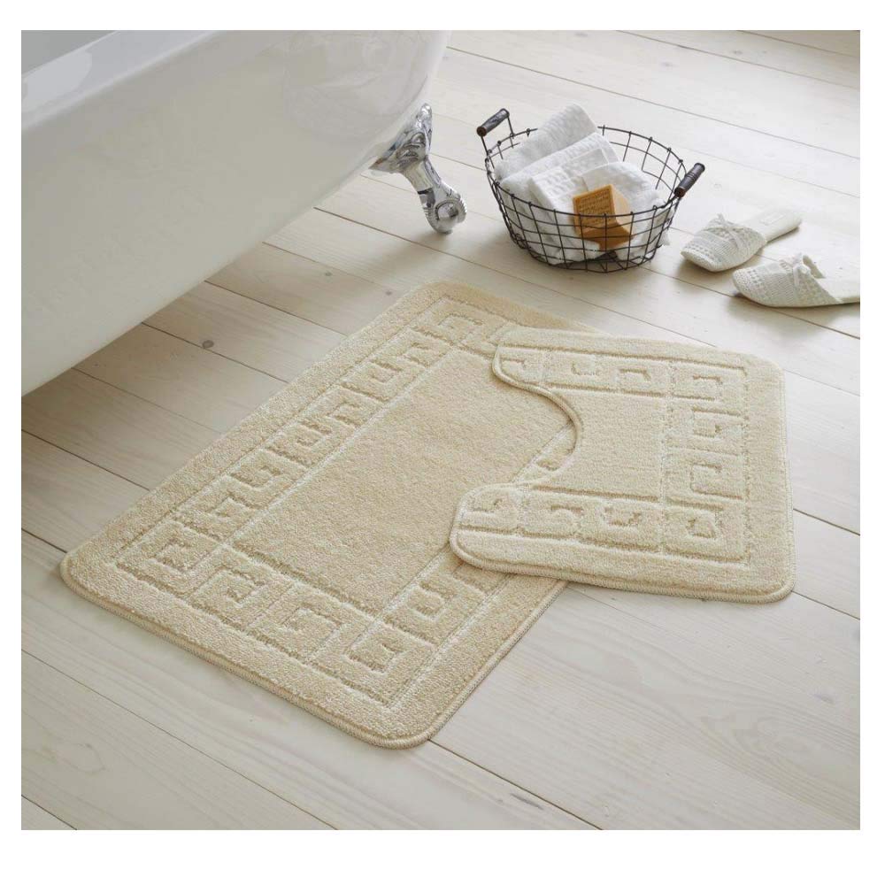 De Lavish Cream Bath Mat Set 2 Piece Non Slip Rubber Pedestal And Bath Mat Set Toilet Greek Bathroom Rug New (Cream)