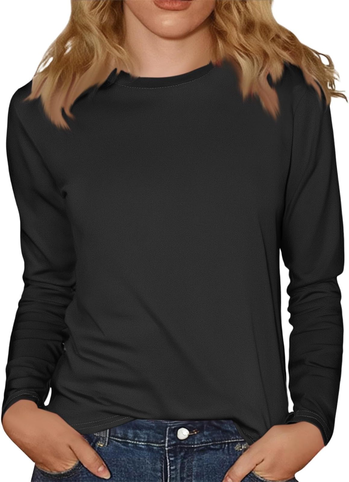 Basic Long Sleeve Blouse Women Crew Neck Fitted Solid Comfy Casual Shirt Soft Fashion Stretch Classic Layering Charm Sport Breathable Everyday Wear Tops