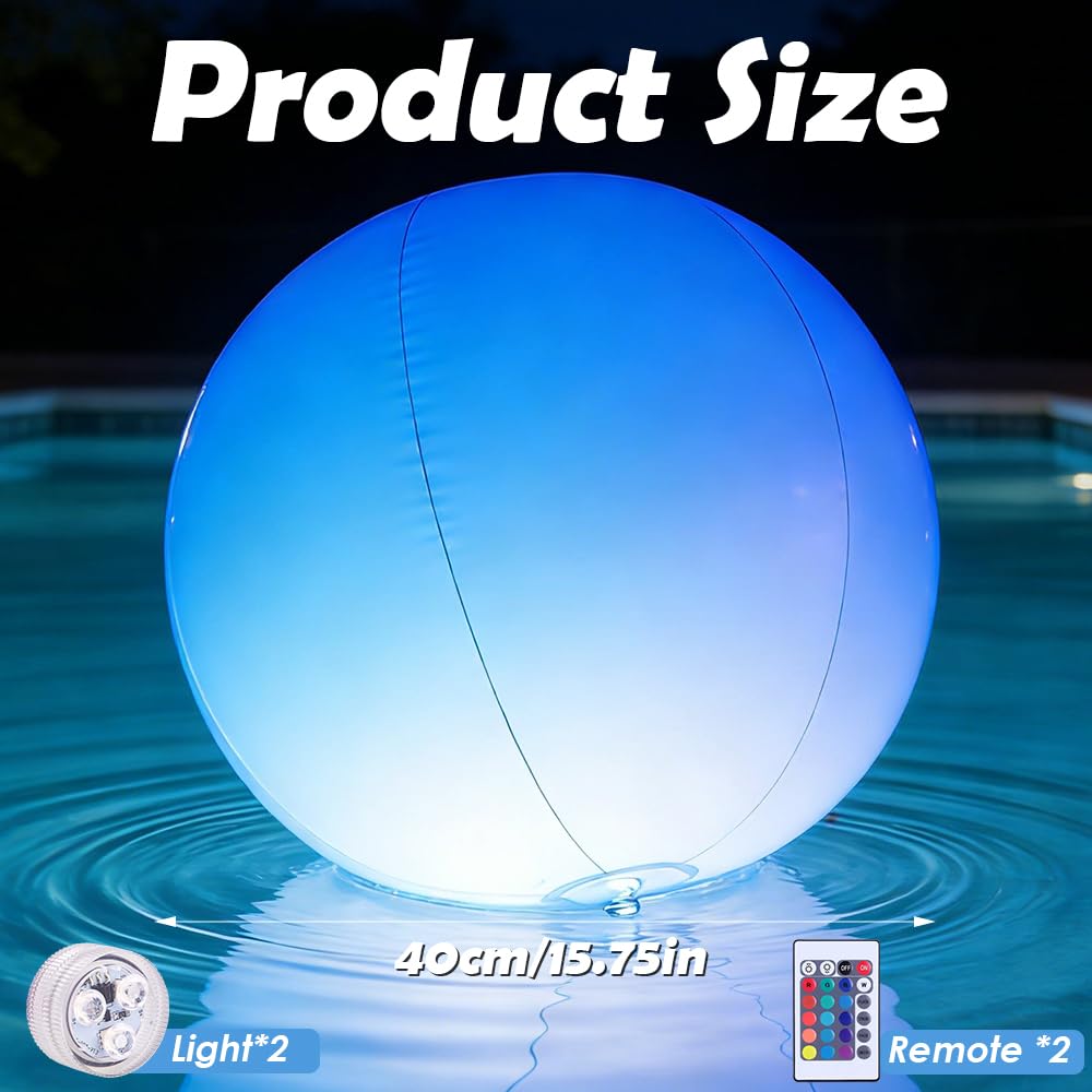 2 Stück Pool Lichter Schwimmend, 40CM Schwimmende Poolbeleuchtung mit Fernbedienung, IP68 Wasserdichte, 16 RGB Farbwechsel, Farbigen Schwimmkugeln für Pool Garten, Teich, Party