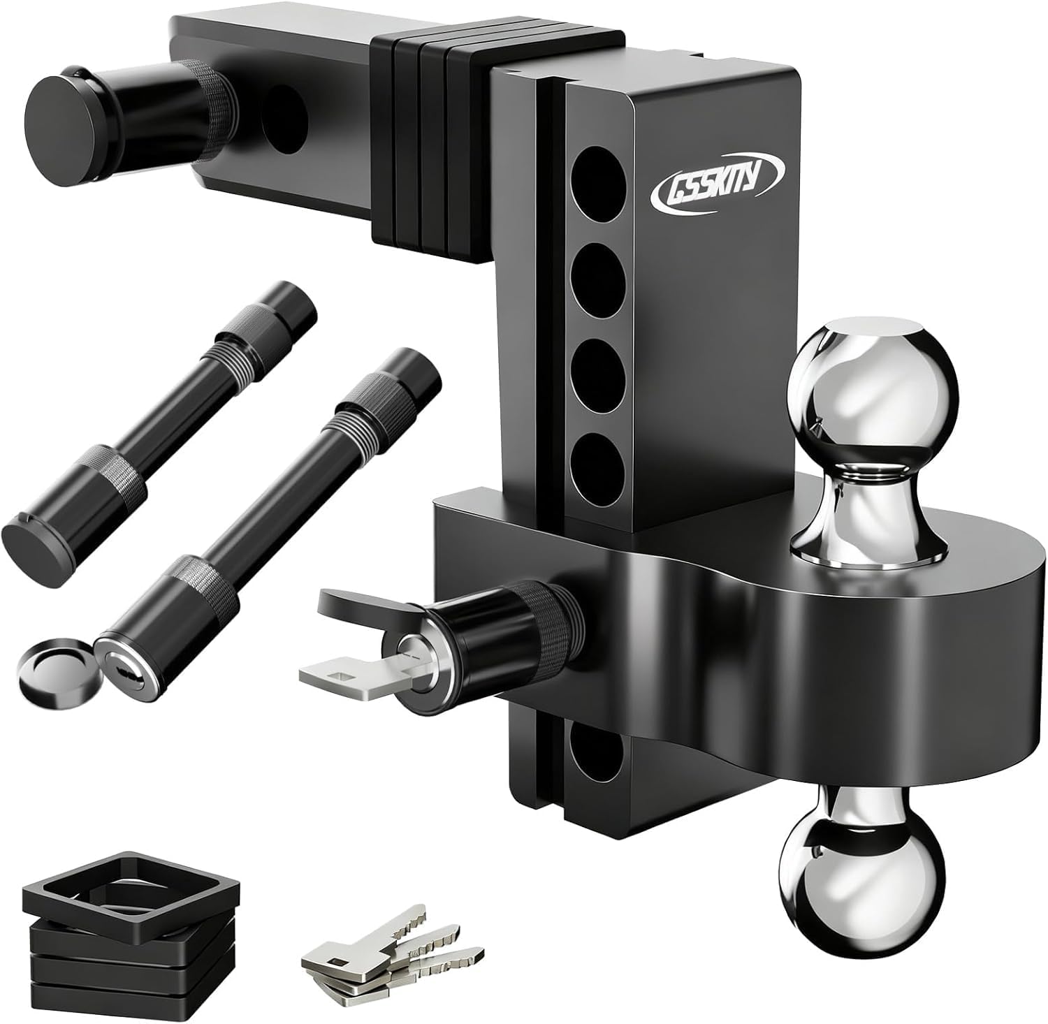 Adjustable Trailer Hitch for 2-Inch Receiver -6 Inch Drop/Rise,2" & 2-5/16" Ball Hitches for Trucks,18,500 LBS GTW,Heavy Duty Aluminum Tow Hitch with Anti-Theft Locking Pins,Black