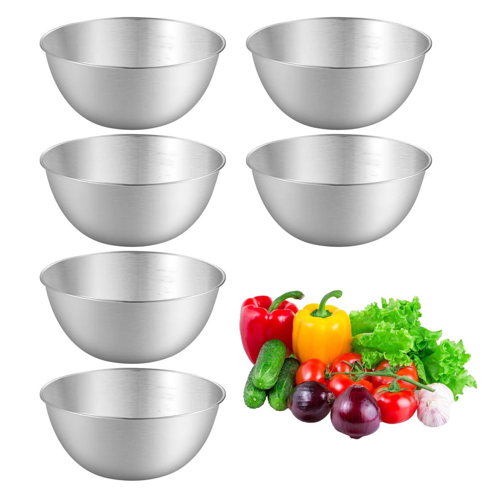 Set Di 6 Ciotole in Acciaio Inox, Ciotola Insalatiera, Ciotole Acciaio Inox con Misurazione, Lavabili in Lavastoviglie, Impilabili, per Ciotola di Cereali, Salse, Snack, Mescolare (1.2L, Ø 19.3 cm)