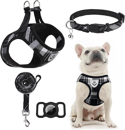 EXPAWLORER Arnés clásico a cuadros para cachorro, collar y correa para perro, de malla suave, acolchado, ajustable, arnés de chaleco para perros